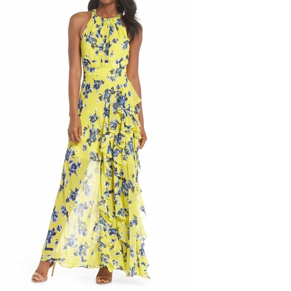 Eliza J Dresses & Skirts - Eliza J Yellow Blue Floral Ruffle Maxi Dress